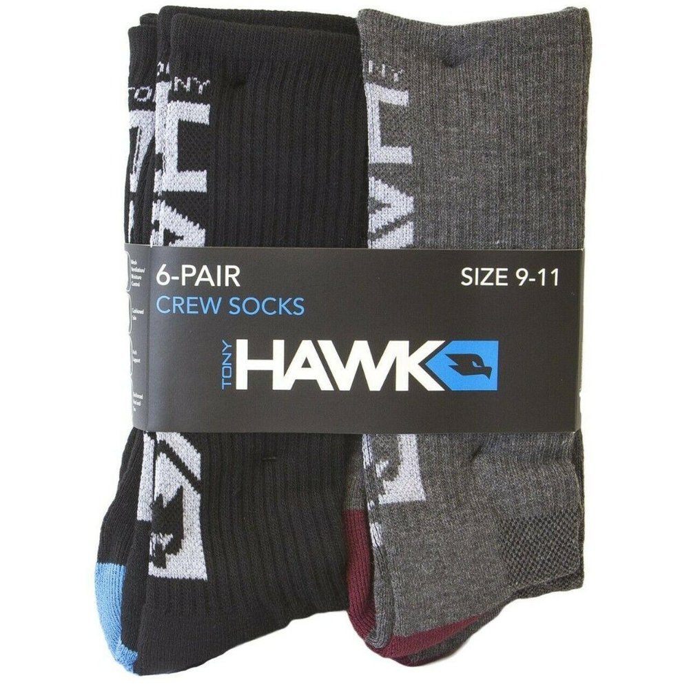 Tony Hawk Crew Socks 2 each Black White Gray 9-11